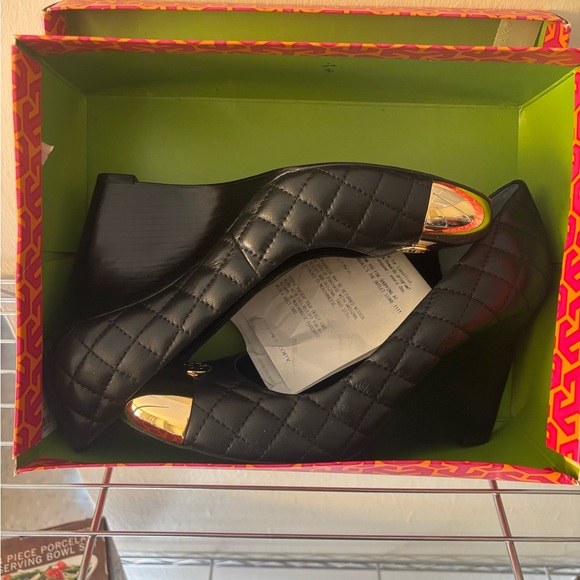 Tory Burch Black and Gold Quilted Heels - Picture 1 of 5